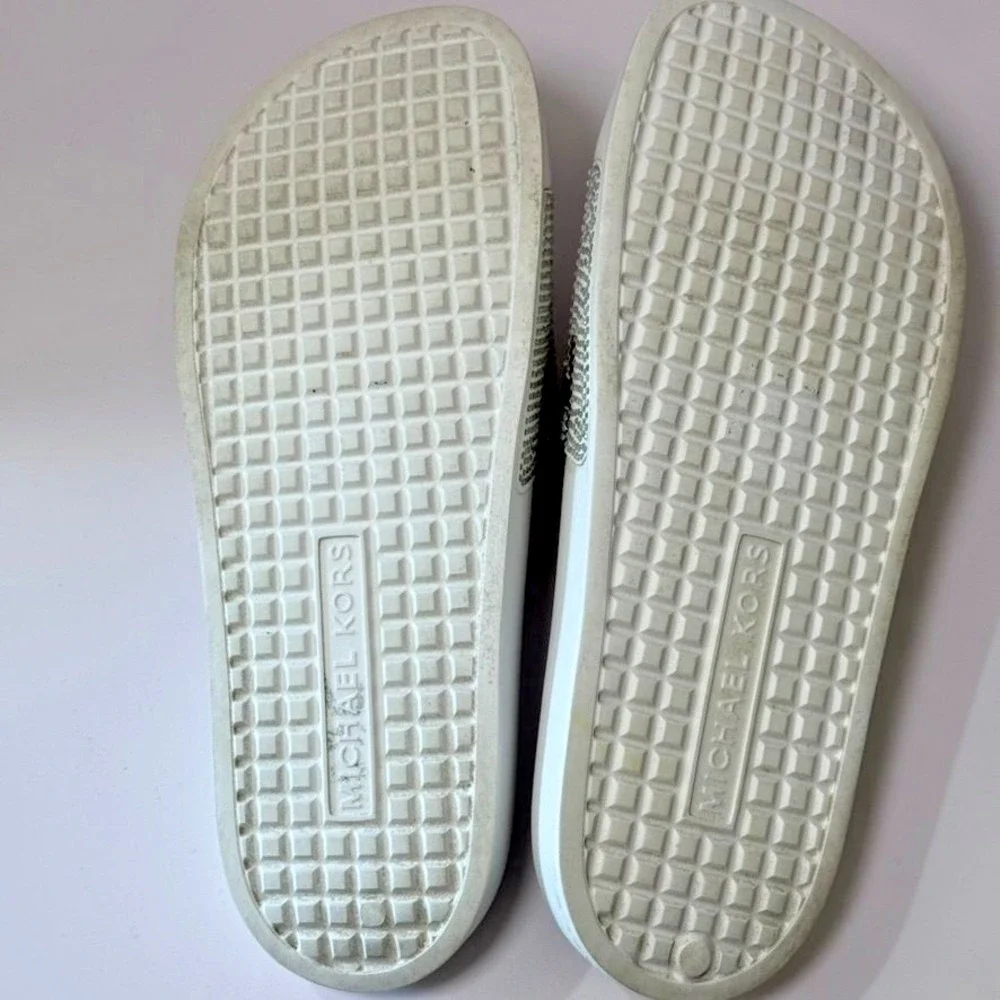 Michael Kors Womens Slides Sandals White Gold Rhinestone Logo Pool Slippers 8M